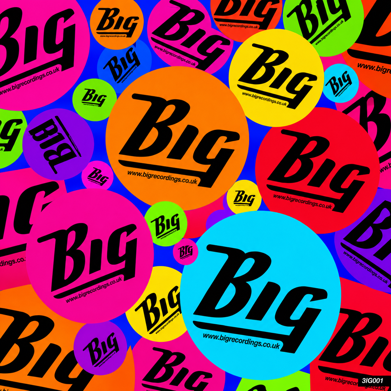 3IG Recordings original artwork — repeated circular BIG Recordings labels in neon colours